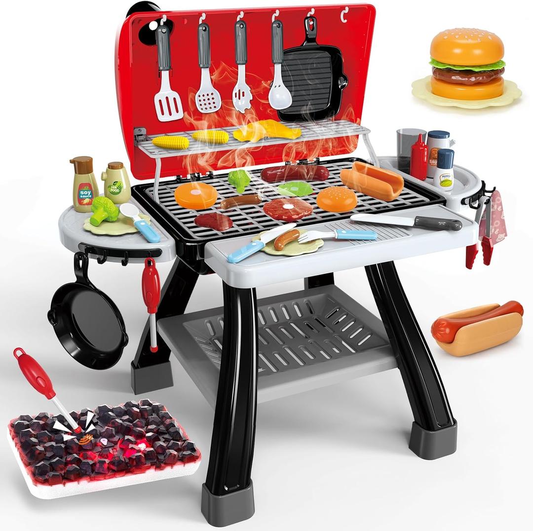 Kids Play Kitchen Toys, Kids BBQ Grill Kitchen Playset with Smoke, Sound & Light, Play Food Toys Cooking Set, 2-Layer Barbecue Outdoor Play Grill Toy Gift for Toddler Boys Girls 3-5 (Red)