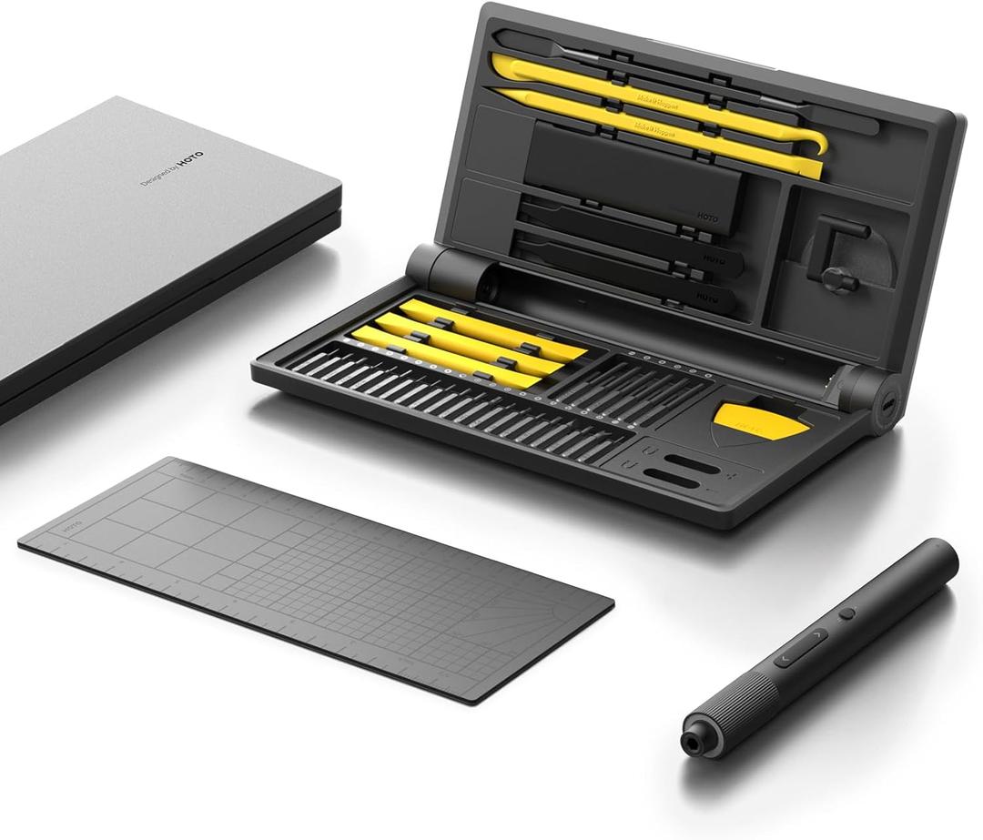 HOTO Precision Screwdriver Set, 110 Upright Workpad, Mini Electric Screwdriver with Charging Dock, 0.05/0.2 Nm Torque, LED Light, 26 Bits and 10 Repair Tools for Electronics, Phones, Laptops