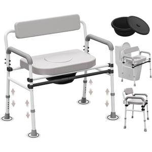 Adjustable Medical Bedside Commode Chair with Padded Backrest, Drop Arm Support, Height Adjustable, Gray (Grey toilet chair)