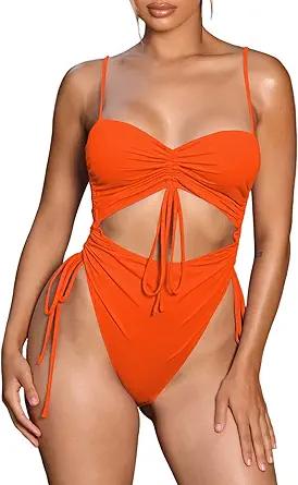 Viottiset Women's Cut Out Drawstring One Piece Swimsuit Cheeky High Cut Bathing Suit (Medium)