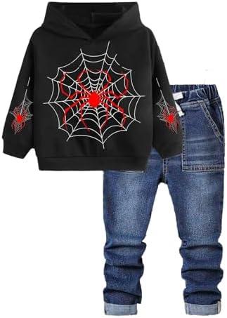 Boys Pullover Hoodie and Denim Jeans Outfits Set -2 Piece Spider Web Sweatshirt and Pants for Kids 9-10Y (51-54 IN), Black