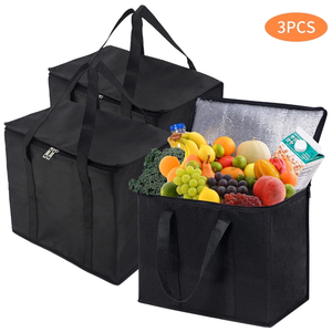 Tripumer 3 pack Large Insulated Grocery Shopping Bags Reusable Bag Thermal Zipper Collapsible Tote Cooler Food Transport Hot and Cold for Camping Reusable and Sustainable Black