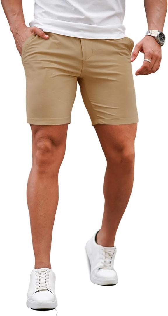 GINGTTO Mens Slim Fit Shorts 7" Inseam Skinny Chino Short Tapered Leg Stretch (Khaki), Size 32