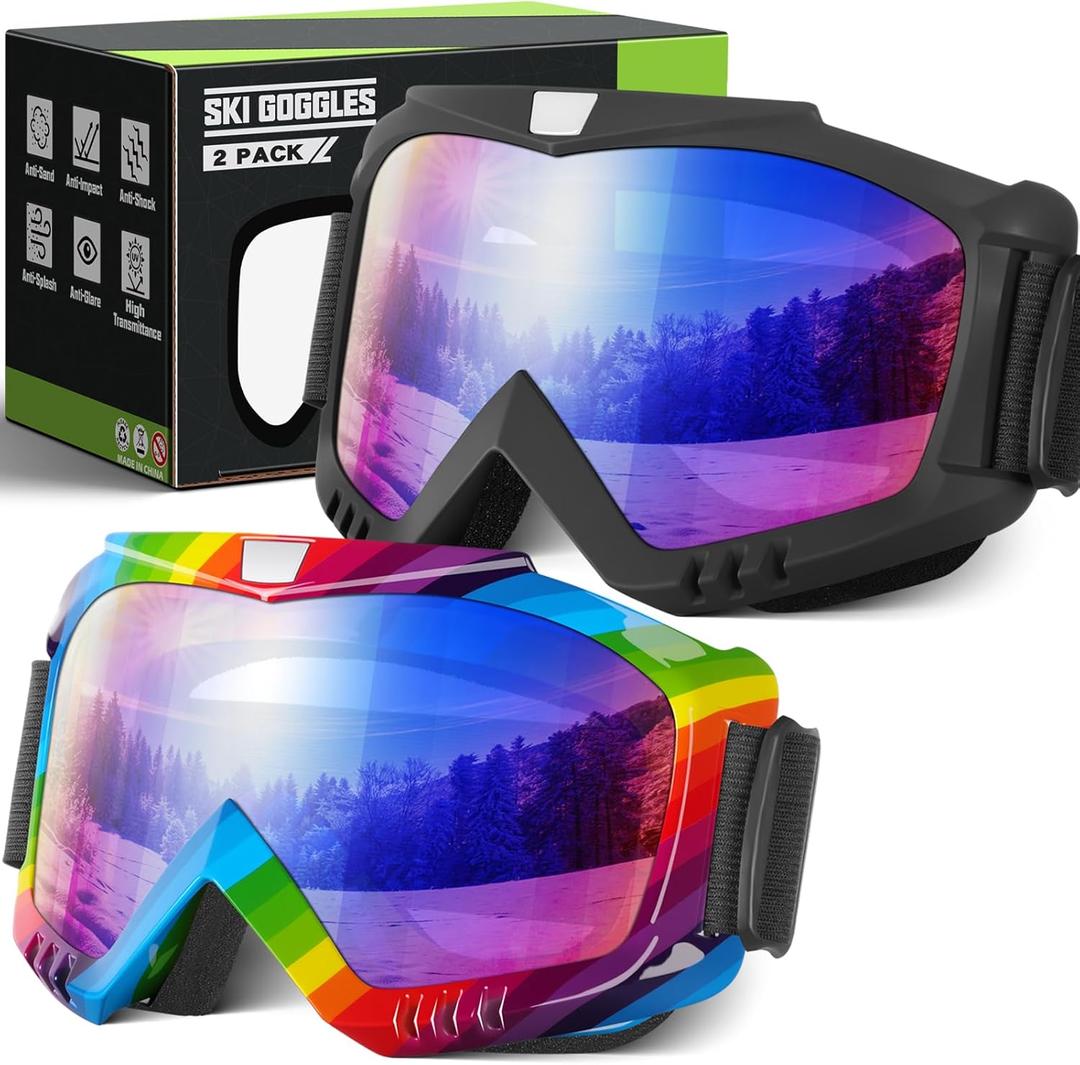 Ski Goggles Men Women, Snowboard Goggles UV Protection Anti Fog OTG Snow Goggles for Snowmobile Skiing Skating (2 PACK, 04. Black Frame Multicolor Lenses/Rainbow Frame Multicolor)