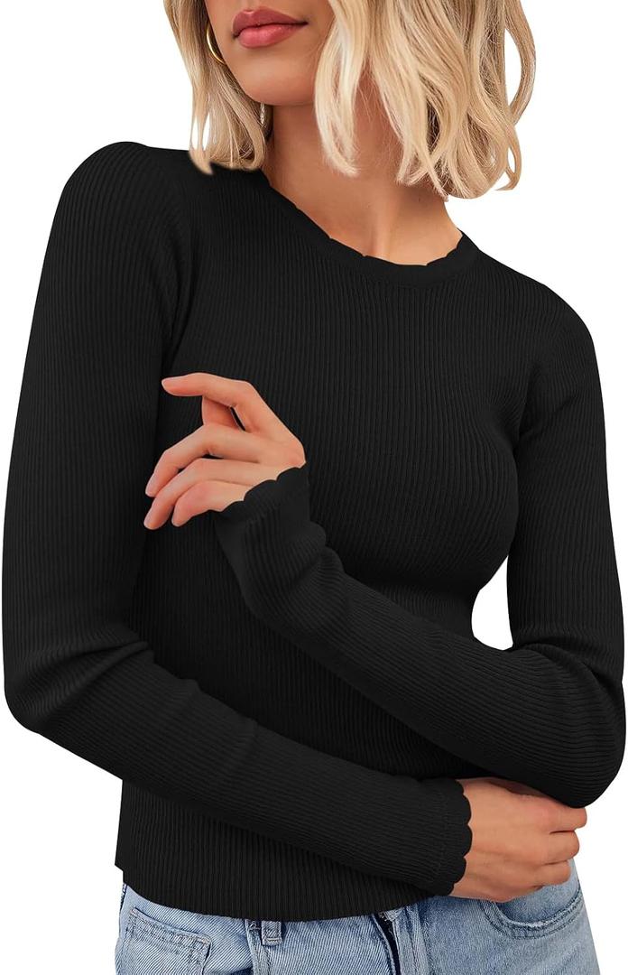 PRETTYGARDEN Womens Long Sleeve Shirts Ribbed Knit Fitted Cute Tops for Women Trendy Basic Pullover Shirt Fall Clothes (Black, XXL)