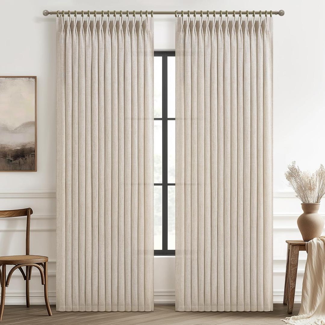Extra Wide 70 Inch Pinch Pleated Light Filtering Sliding Glass Door Curtains 120 Inches Long, Natural Linen Boho Memory Trained Privacy Semi Sheer 10 FT Length Large Windows Drapes 2 Panels Set Burg