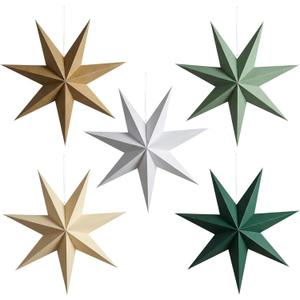 Lewondr Christmas Paper Star Lantern 5 Pack, Hanging 7-Pointed Star Lampshade Decoration, Window Paper Lanterns with 5 Colors for Xmas Wedding Holiday Party 17.72 Inch