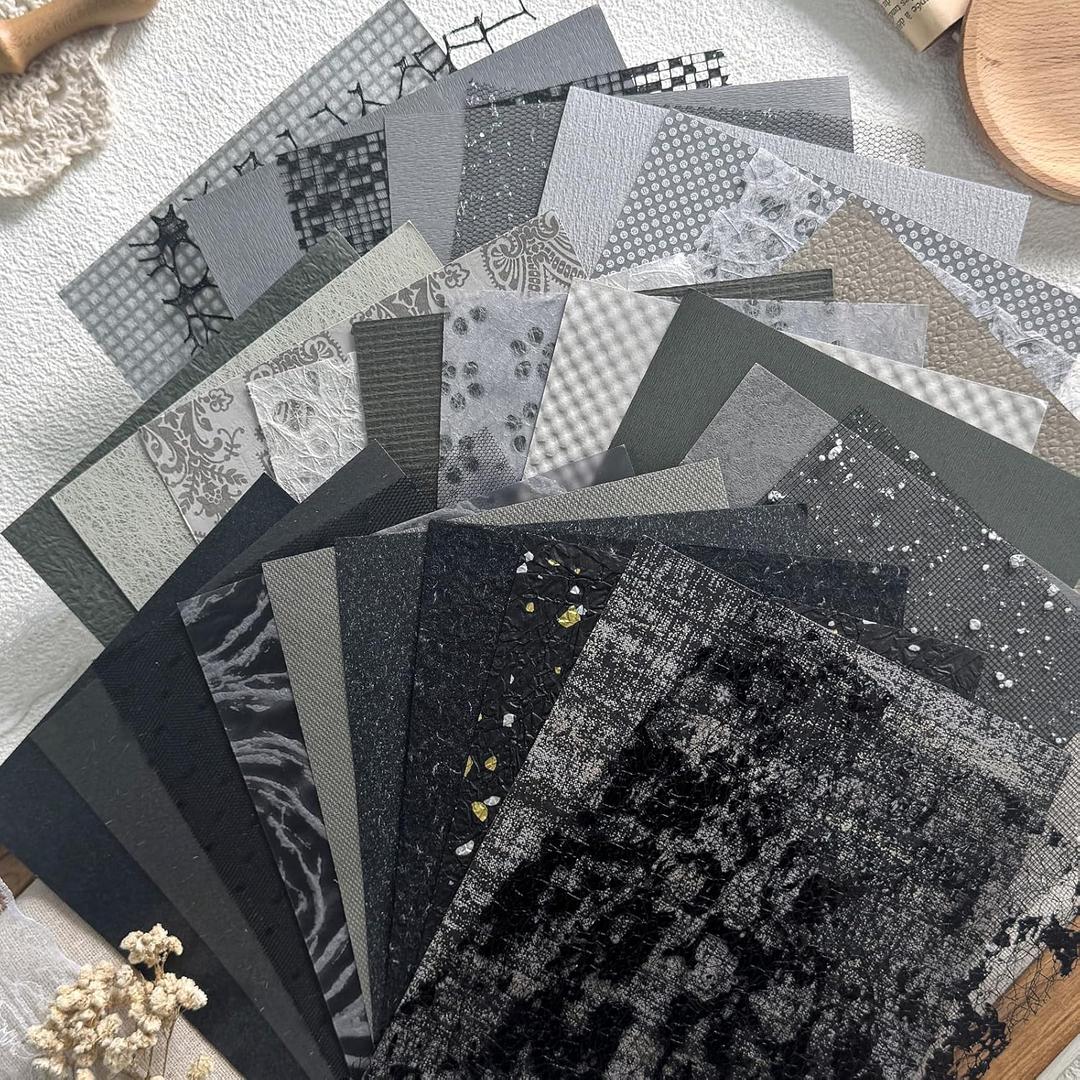 30Pcs Unique Handmade Textured Scrapbook Paper&Mesh Fabric set - A5 sheet Black&Gray Craft Mulberry Special Mix for Scrapbooking Junk Journaling Supplies Card Collage DIY Materials, 5.8x8.2 inches