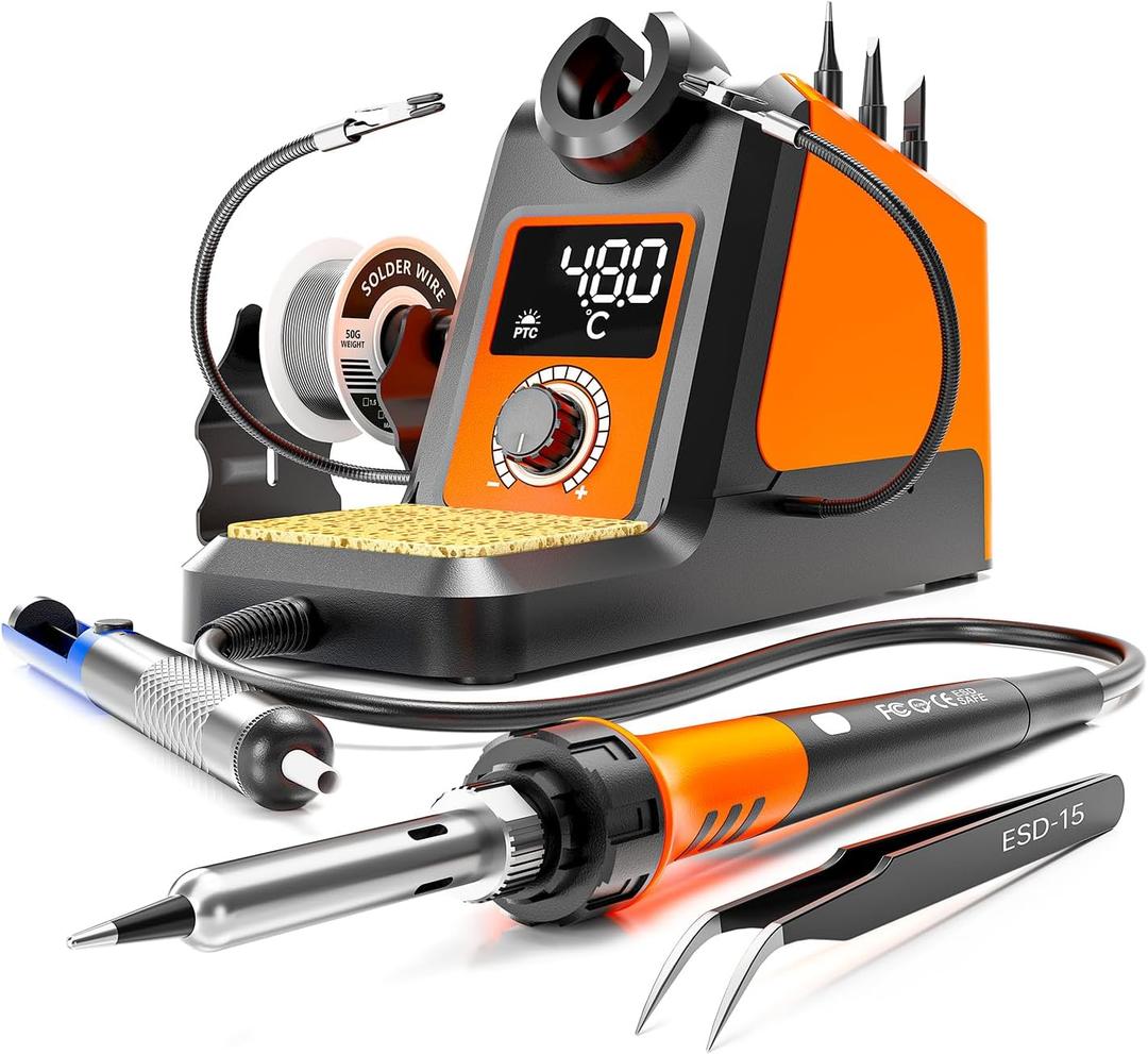 Digital Soldering Iron station Kit, 2 Auxiliary Clamps, 5 Soldering Iron Tips, Solder Wires, Solder Suckers, Stainless Steel Tweezers, and a Phillips Start, soldering station (988d)