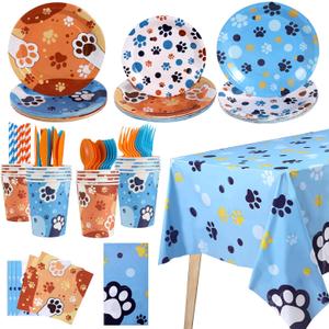 Cute Blue Dog Birthday Party Supplies Serves 20 Guests, 161CT Blue&Orange Dog Paw Print Party Dinnerware Dcorations, Pretty Puppy Plate, Tablecloth, Napkin, Cup for Birthday, KidsParty, Baby Shower