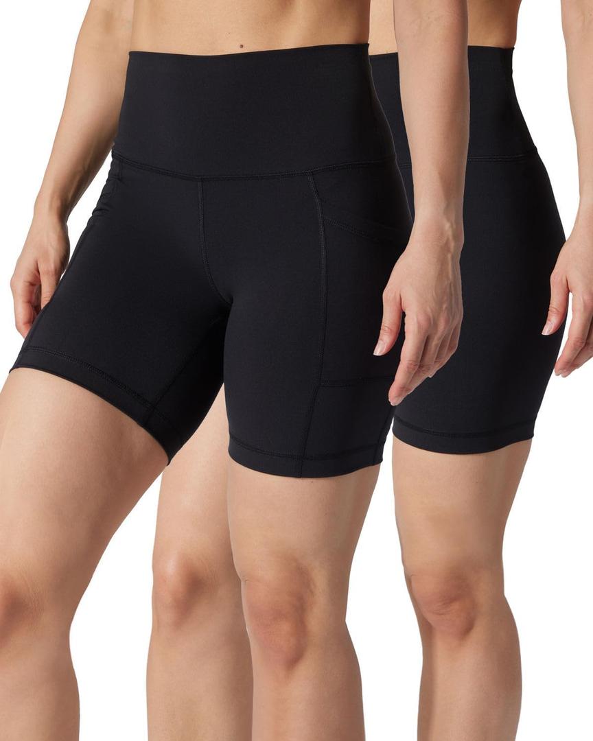 Yogalicious Womens 5”, 7” High Waisted Biker Shorts Squat Proof Workout Yoga Short 2 Pack - Black (w/ Pocket) / Black (no Pocket) 7" - Small