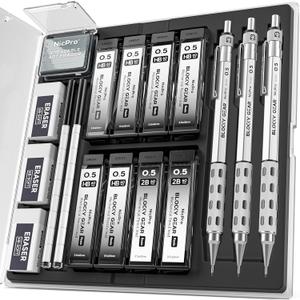 Nicpro 3 Pack Blocky Gear 0.5 mm Metal Mechanical Pencils Set with Case, Lead Drafting Pencil with 8 Tube (480PCS) Lead Refills(HB 2B), 4 Erasers, 18 Eraser Refills for Art Writing, Sketching Drawing