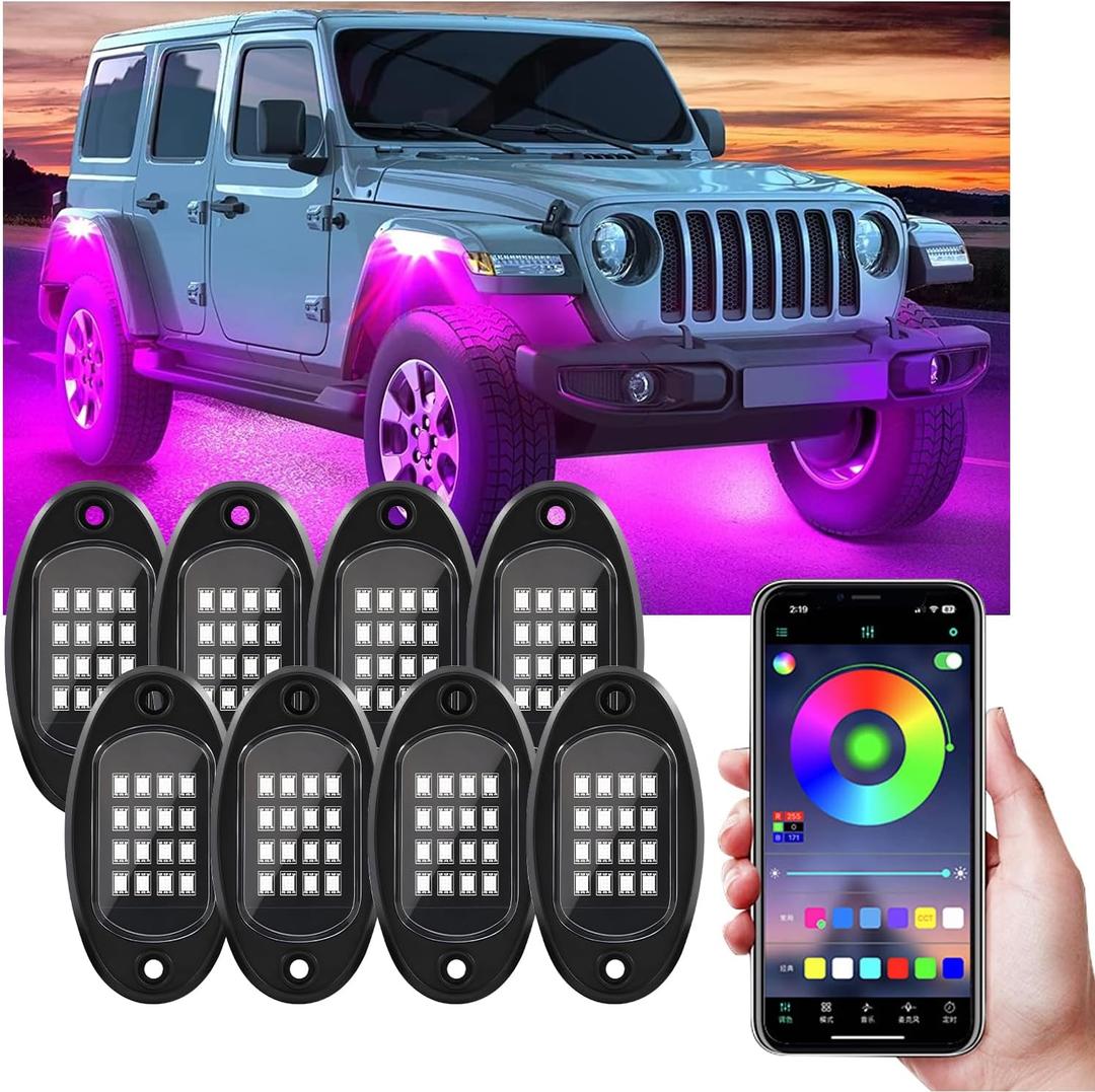 Ohleats Rock Lights for Car, Multi Color RGB LED Rock Lights Kit with APP Control & Music Mode, Waterproof Underglow Rock Neon Light for Pickup Truck SUV, Car Accessories (8 Pods)