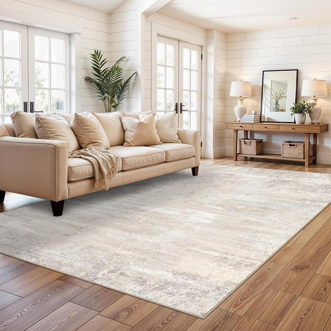 Abstract Area Rug 8x10 Washable - Large Living Room Bedroom Rugs with Non Slip Backing Indoor Low Pile Stain Resistant Carpet for Dining Room Office Nursery Soft Modern Home Decor Floor Mat 8x10 Beige
