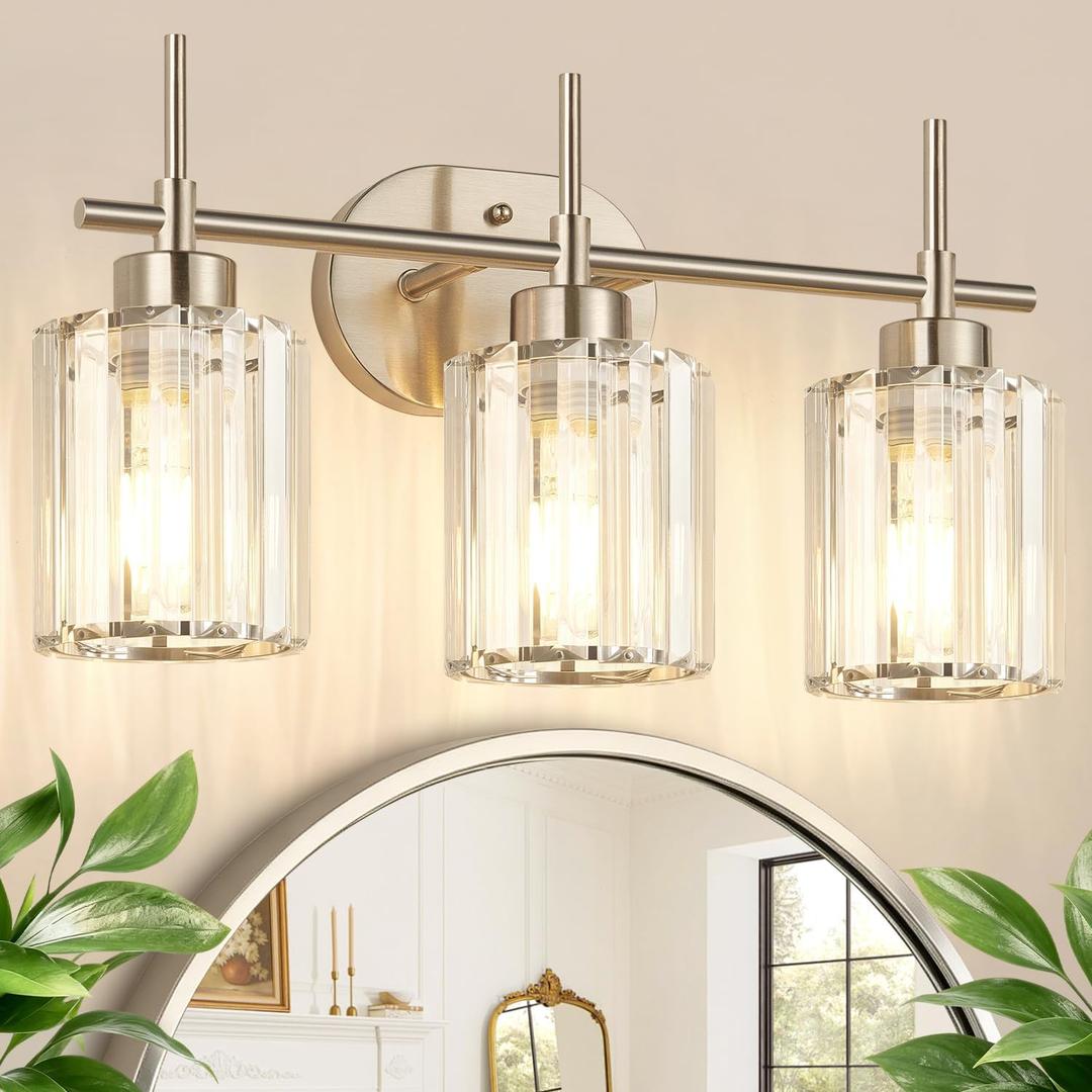 3-Light Bathroom Vanity Light Fixture, Brushed Nickel Bathroom Light with K9 Clear Crystal Shades, Modern Wall Sconce Lighting for Bathroom Mirror, Bedroom, Hallway