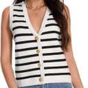 Women's V Neck Sleeveless Button Up Cardigan Knit Sweater Vests Striped Tank Tops (X-Large, White-black Striped)