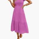 MEROKEETY Women's Flutter Sleeve Smocked Midi Dress V Neck Casual Tiered Dresses with Pockets, L, Magenta
