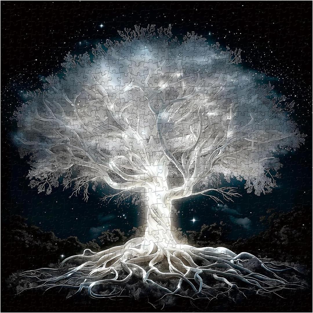 Glowing Tree of Life Puzzle for Adults 1000 Pieces, Fantasy Forest White Tree Under Starry Night Sky Scene Jigsaw Puzzle, Nature Landscape Puzzle, Hard Challenging Puzzles for Adults