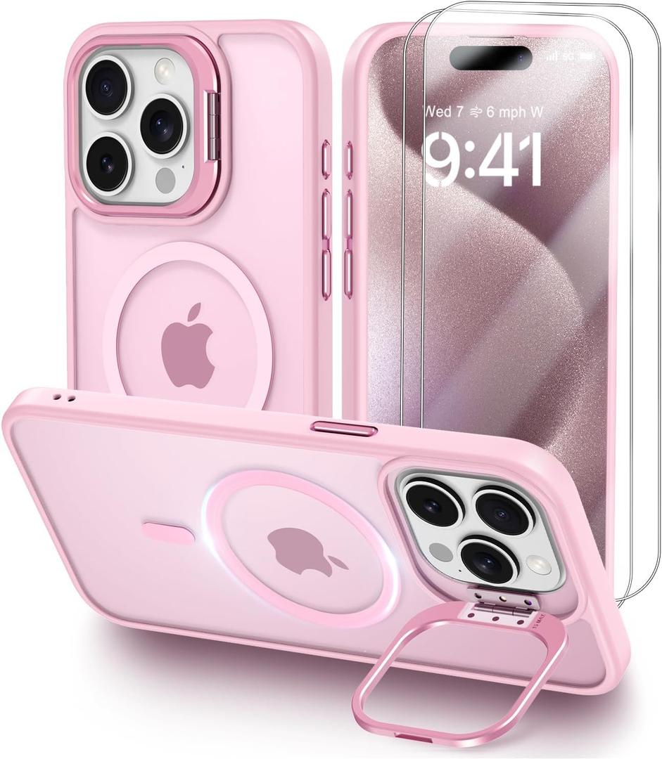 Mitywah iPhone 16 Pro Max Case with Stand, Strong-Magnetic Cover Fit for Magsafe, Military Grade Drop Protective Case, Slim Matte Translucent Kickstand Phone Cover, Pink
