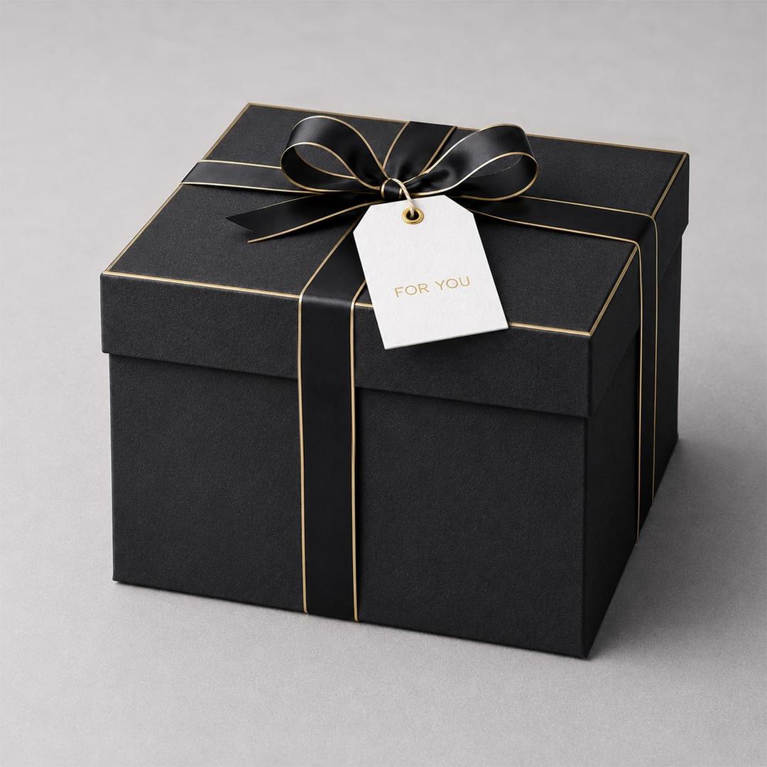 12x12x10in Deep Square Gift Box with Lid, Large Matte Black Luxury Gift Box with Gold Foil Trim & Satin Ribbon, Empty Gift Box for Men Women, Birthday Wedding Graduation Gift Box for Presents, 2 Gold Foil Tags & Filler