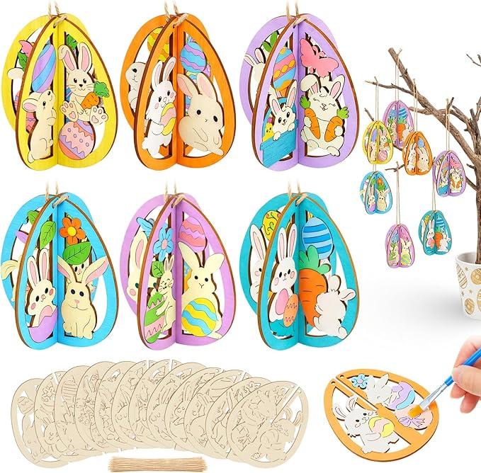 Novabright 24 Pcs DIY 3D Wooden Easter Eggs Ornaments Crafts Unfinished Slices for Painting Spring Easter Egg Cutouts Craft DIY Blank Decorations (Rabbit) Pack of 3