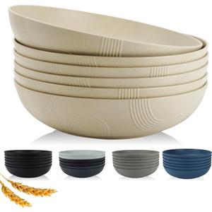 10inches Large Pasta Bowls Set of 6-65oz Wheat Straw Bowls,Bowl Plates,Large Plastic Bowls Reusable for Pasta,Salad,Soup,Unbreakable & Lightweight Bowls for Kitchen,Dishwasher Safe,BPA-Free(Beige)