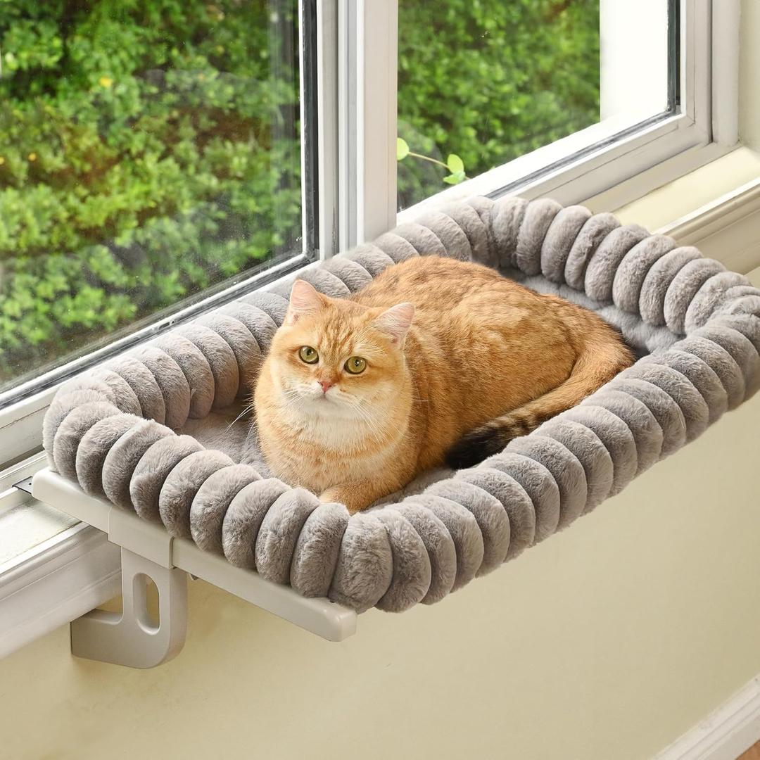 Cloud-Cuddle Cat Window Perch with 4-Sided Bolster, Zipper Design Cushion Window Seat for Window Sill, Sturdy Metal Frame & Easy Assembly Pet Hammock Bed for Indoor Cats (Gray, Large)