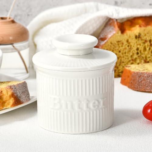 Butter Crock with Lid for Countertop, Ceramic French Butter Dish for Spreadable Butter, Ribbed Butter Keeper with Embossed Water Line, Housewarming Gifts, Elegant Kitchen Decor & Kitchen Accessories