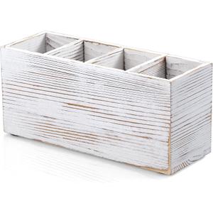 Pencil Pen Holder for Desk, White Washed Wood Office Desk Organizers and Accessories with 4 Slots for Countertop, Makeup Brush Holder Organizer for Bathroom Vanity, Silverware Caddy for Party