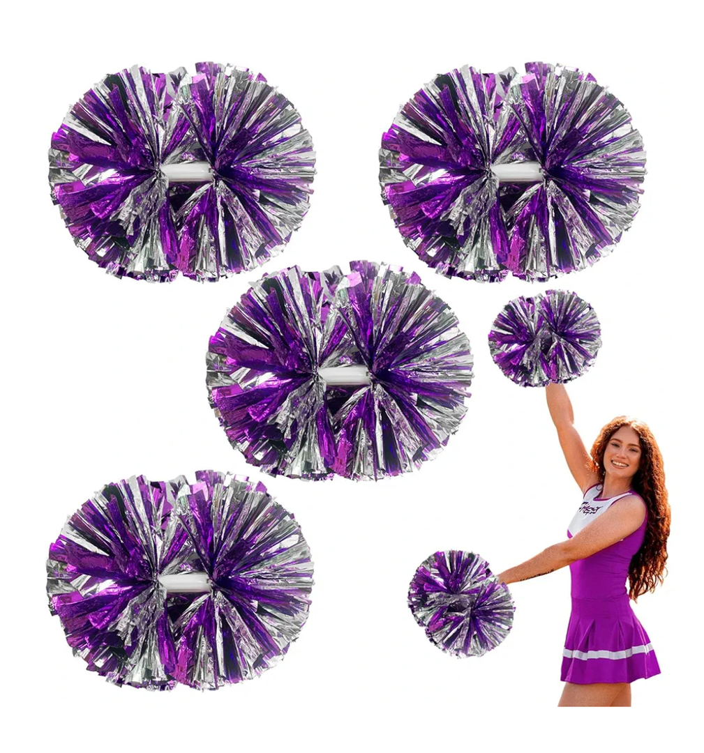 4 Pcs Metallic Cheerleading Pom Poms, 12Inch Cheerleader Pompoms with Baton Handle for School Team Sports Games Dance, Color: Silver/Purple