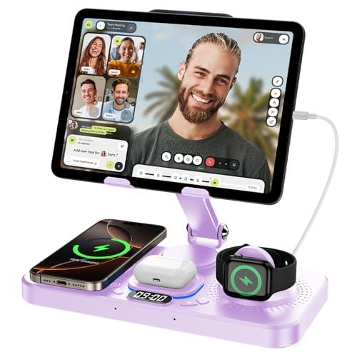 6 in 1 Wireless Charger for Apple Device, 30W Foldable Wired Charging for ipad with Clock & 7 Color Ambient Light, Nightstand Charger Station for iPhone 17/16/15/iWatch Series/AirPods 4/Pro 3(Purple)