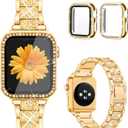 Mesime Compatible for Apple Watch Band with Screen Protector Case, Jewelry Replacement Bands 46mm 45mm 44mm 42mm 41mm 40 mm 38mm 2 Pack Protective Cover for iWatch Series 11/10/9/8/7/6/5/4/3/2/1/SE Women (Gold)