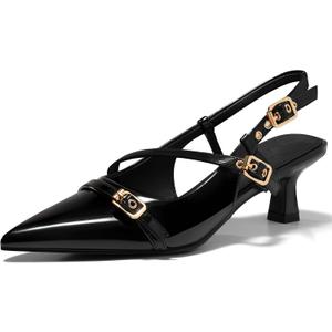 Coutgo Womens Slingback Kitten Heels Low Heel Closed Pointed Toe Pumps Buckle Strap Heeled Sandals Shoes (8.5, Black)