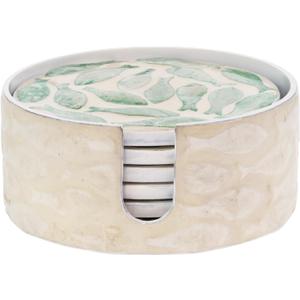 Boston International Mother of Pearl Swirling Fish Coasters in Holder, Set of 6, 4.25" Diameter