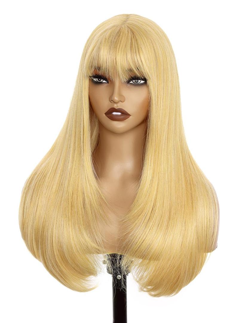 Twobla Blonde Glueless Lace Front Wig For Women | 26 Inch Long Straight Layered Synthetic Wig With Curtain Bangs | Heat Resistant, Wear & Go, No Glue Needed | Cosplay & Daily Use