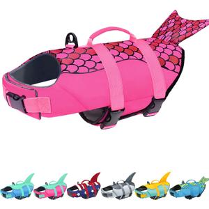 Malier Dog Life Jacket, Ripstop Dog Life Vest with High Buoyancy for Swimming Boating, High Visibility Shark Puupy Lifesaver for Small Dogs (Small) (Rose red-Mermaid)