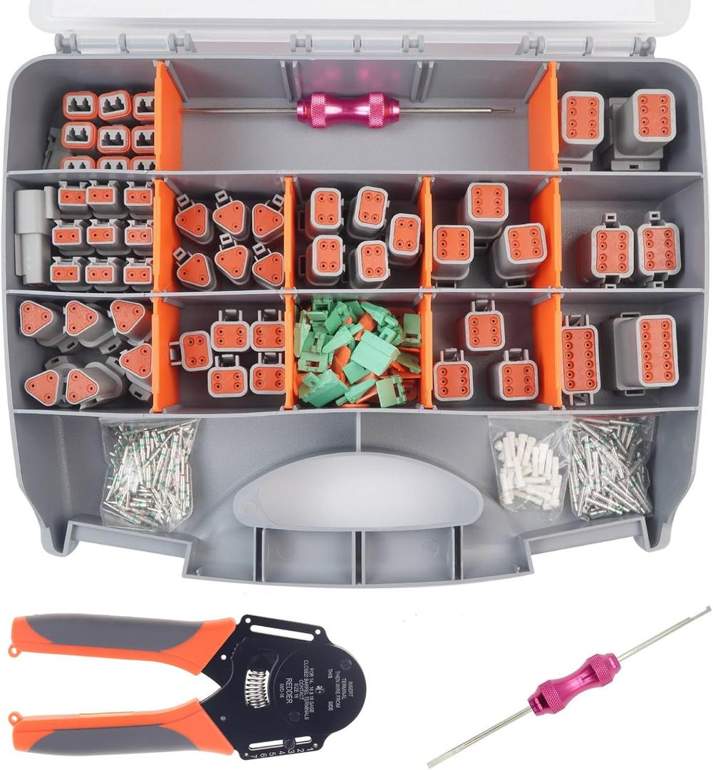 Deutsch Connector Kit with Crimper, 2 3 4 6 8 12 Pin Connector kit, Deutsch Crimp tool 14-18AWG, Size 16 Solid Contacts 14-20AWG, DT Pin Removal Tool, Waterproof Automotive Electrical Wire Connectors