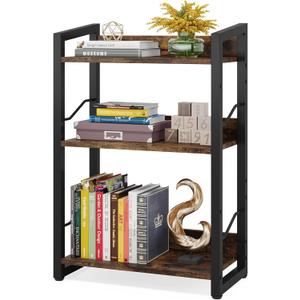 Hosfais Book Shelf Small Bookshelf: 3-Tier Wood Bookcase Industrial Bookshelf with Edge Protection Metal Narrow Bookcase Storage Organizer Display Rack for Bedroom Home Office (Rustic Brown)