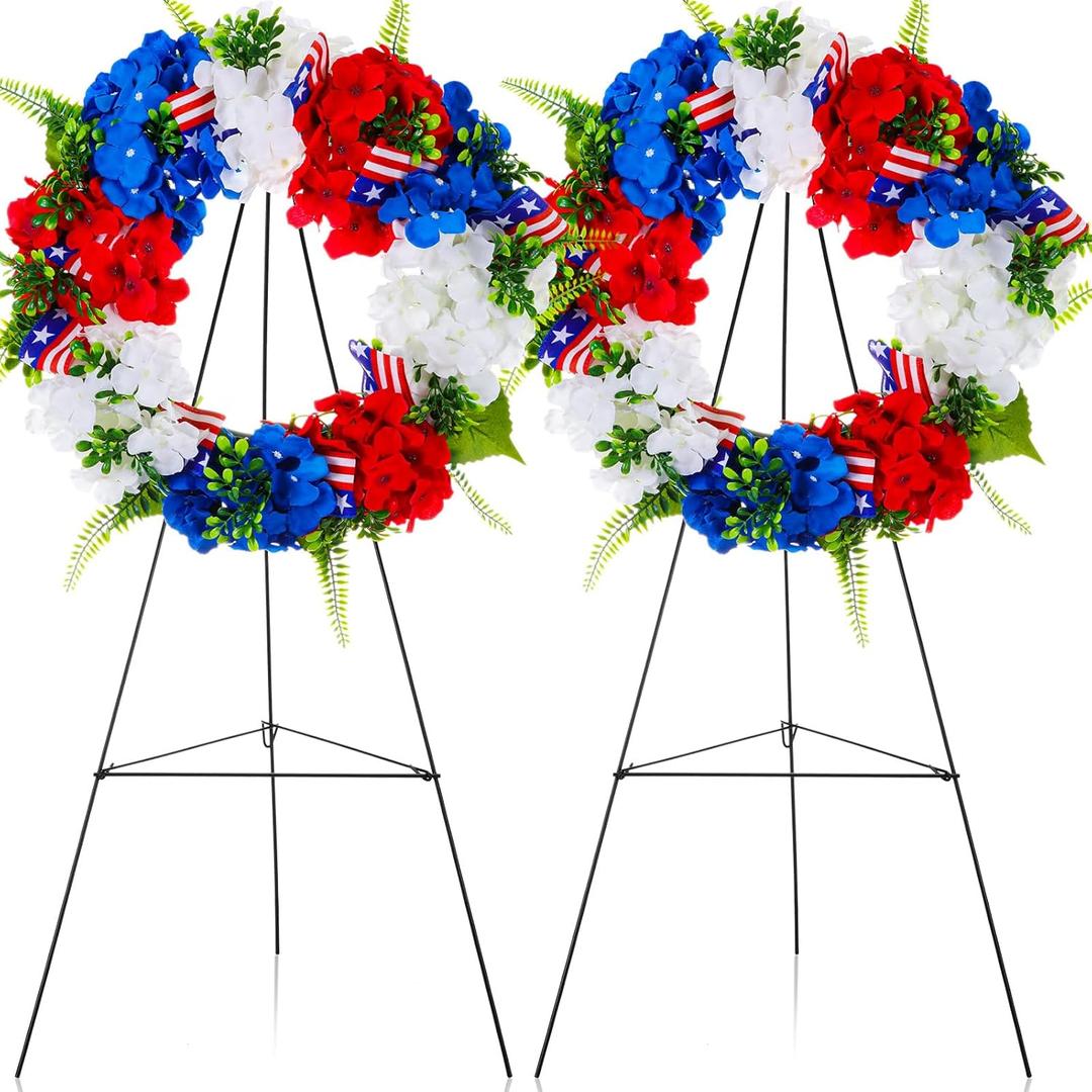 Crowye 4 Pcs Independence Day Cemetery Wreaths with Stand Set 15. 75in Memorial Day Patriotic Gravestone Wreath 30in Easel Stand for 4th of July(Classic Style)