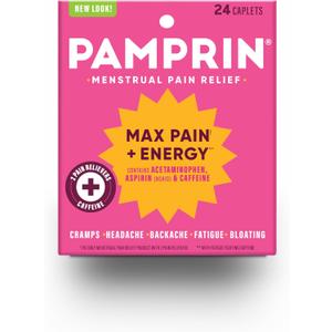 Pamprin Maximum Strength Max Pain and Energy Formula, Menstrual Period Symptoms Relief for Cramps, Bloating and Fatigue, 24 Caplets, EXP 05/2027