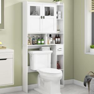 Vabches Over The Toilet Storage Cabinet, Bathroom Shelf Over Toilet with Glass Doors and Adjustable Shelves, White Freestanding Home Space Save Toilet Rack for Restroom, Bathroom, Laundry, W31.69''