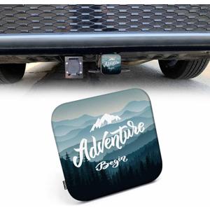 Hitch Cover 2" Adventure Begin, Foggy Forest Mountain Rubber Receiver Tube Hitch Plug Truck Hitch Covers, Funny Quote Trailer Hitch Cover Plug Cap for Most Vehicles