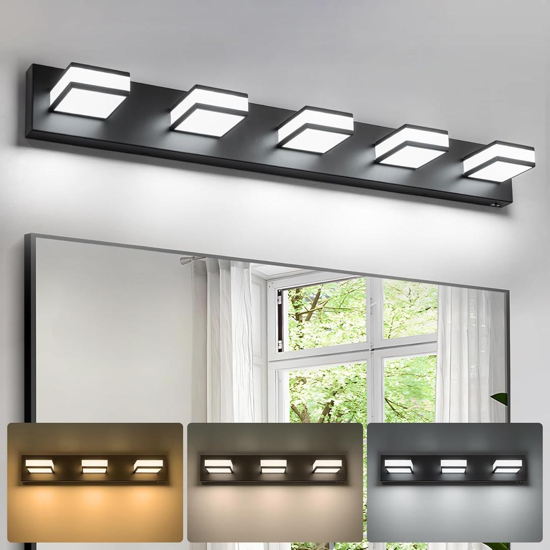 Modern LED 5 Light Bathroom Vanity Lights Over Mirror, 40W Dimmable 3CCT Acrylic Black Bathroom Wall Lighting Fixtures with 350 Rotatable Angle, 40 Inch