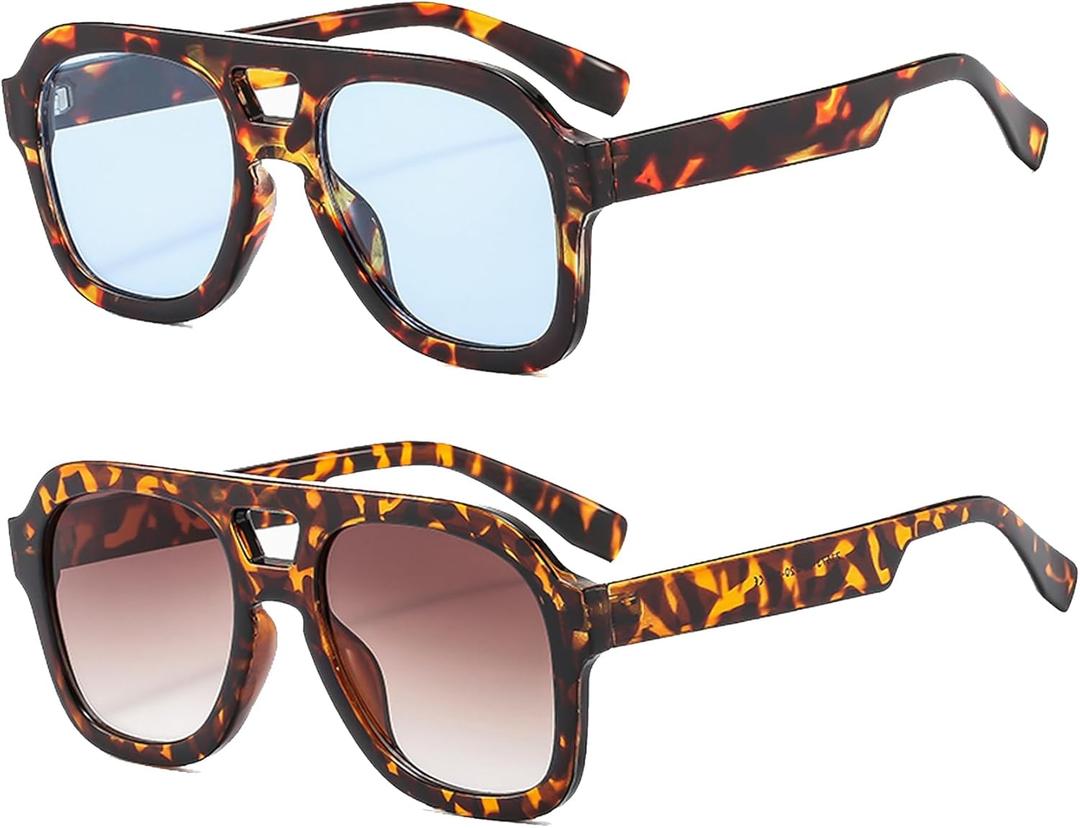 Long Keeper Retro Pilot Sunglasses Double Bridge Women Men Aviation Square Sun Glasses Thick Frame 70s Vintage Shades UV400