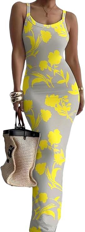 Nimsruc Women Summer Long Dress Casual Slip Sexy Slim Sleeveless Bodycon Maxi Dresses for Women 2024, Size -L
