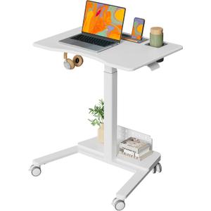 28" Mobile Standing Desk with Storage, Rolling Laptop Desk | Height Adjustable Portable Desk with Wheels & Cup Holder, Stand up Desk for Study, Ideal for Home Office, Classroom, White