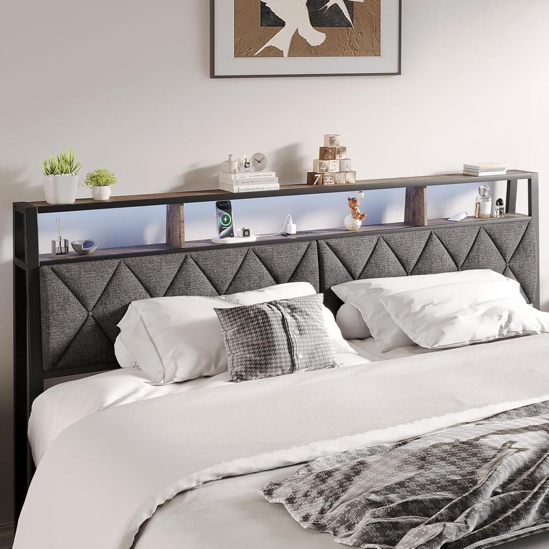 King Headboard Only, Headboard for King Size Bed with Storage, Upholstered Headboards with LED Lights & Charging Station, Attach Frame, Ideal for Bedroom/Dorm/Guest Room, Dark Grey & Brown
