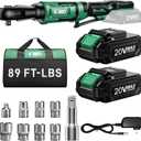 KIMO 20V Cordless Ratchet Wrench 3/8, 89Ft-lbs 400RPM Electric Ratchet Wrench Set with Variable Speed, 2x2.0Ah Battery Ratchet, LED Light, 7Socket, 3/8" to 1/4" Adapter, 3" Extension Bar, Fast Charger