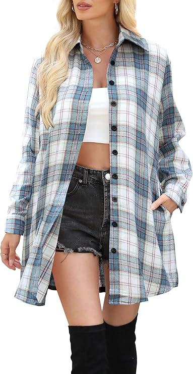 Womens Buffalo Plaid Flannel Shirt Jacket Long Sleeve Collar Button Down Shacket Coats Lightweight Tops (Small, Hazel Blue Plaid)