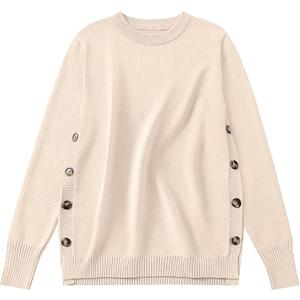 ANRABESS Sweaters for Women 2025 Fall Long Sleeve Crewneck Knit Casual Loose Side Button Basic Pullover Tops Trendy Outfits (Beige, XL)